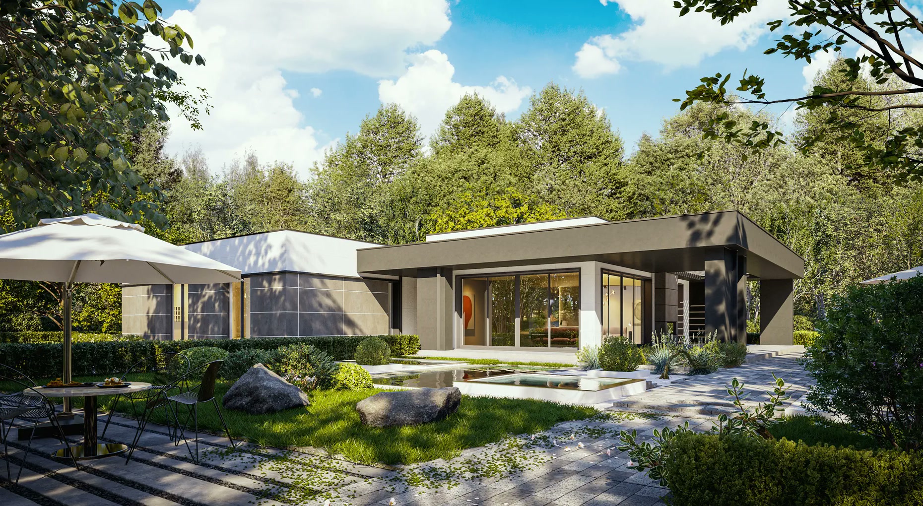 Wizualizacja nowoczesnego domu parterowego z płaskim dachem, dużymi przeszkleniami i uporządkowanym ogrodem